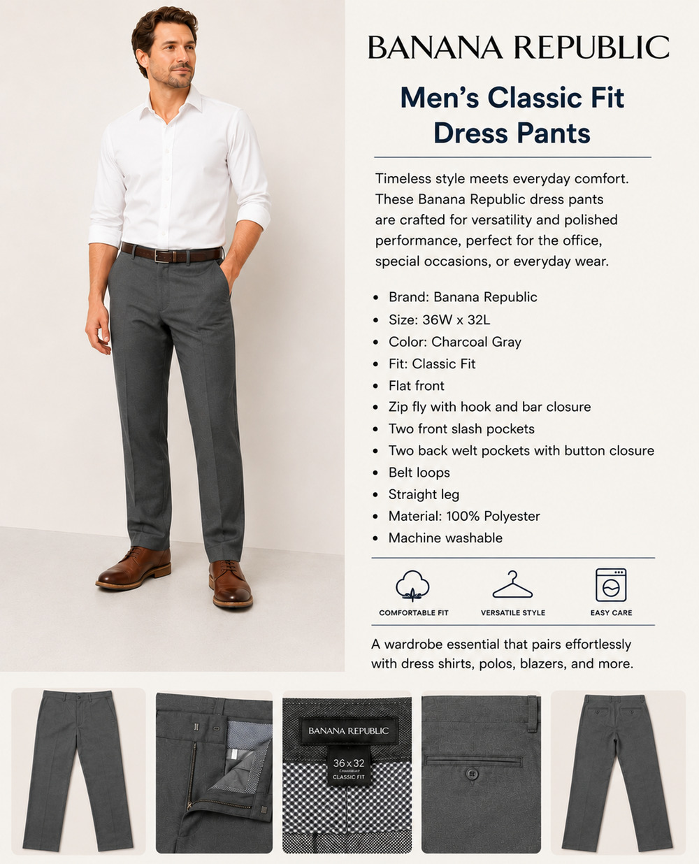 Banana Republic Aiden Men's Dress Pants – Gray – Size 36x32 – Classic Fit
